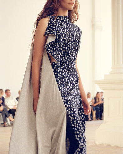 Model walking Proenza Schouler SS25 Runway show wearing Devyn Dress in Printed Silk Viscose in navy multi