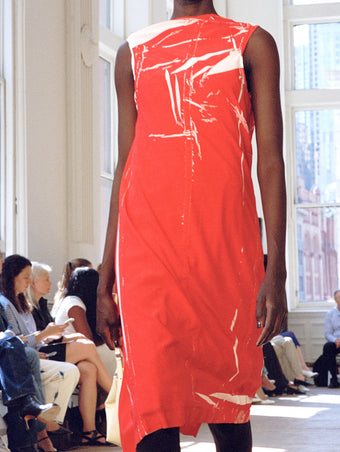 Model walking Proenza Schouler SS25 Runway show wearing Ondine Dress in Garment Printed Silk Viscose
