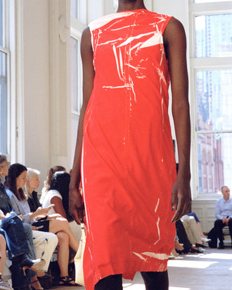 Model walking Proenza Schouler SS25 Runway show wearing Ondine Dress in Garment Printed Silk Viscose