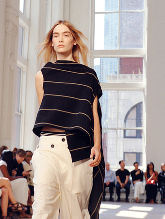 Model walking Proenza Schouler SS25 Runway show wearing Sutton Top in Stripe Bi-Stretch Viscose in black multi