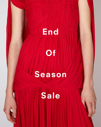 Cropped image of model wearing Rumi Dress in scarlet, 'End of Season Sale' overlaid
