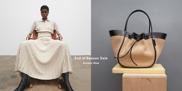 Split image of Model sitting in chair wearing Metallic Knit Polo and Dress in champagne and Raffia Ruched tote in Black/Sand sitting on wooden pedestal