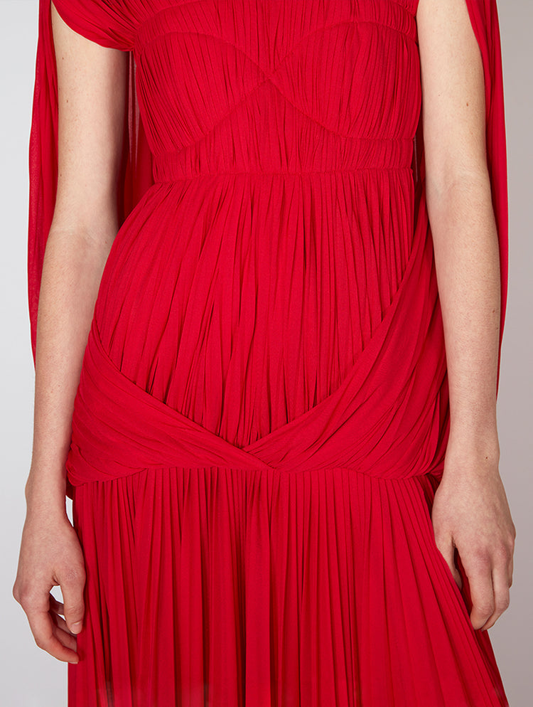 Cropped image of model wearing Rumi Dress in scarlet