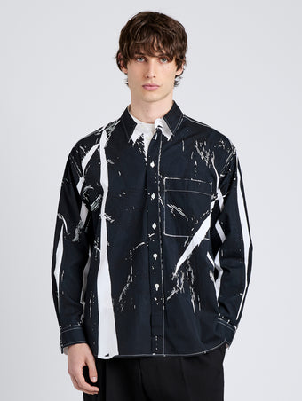 Proenza Schouler Front cropped image of model wearing Simon Shirt in Garment Print Poplin in White/ Black