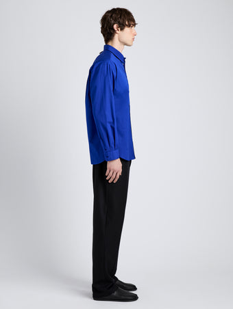 Proenza Schouler Side full length image of model wearing Simon Shirt in Poplin in Cobalt Blue