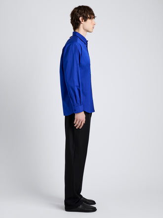 Proenza Schouler Side full length image of model wearing Simon Shirt in Poplin in Cobalt Blue