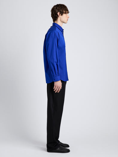 Proenza Schouler Side full length image of model wearing Simon Shirt in Poplin in Cobalt Blue