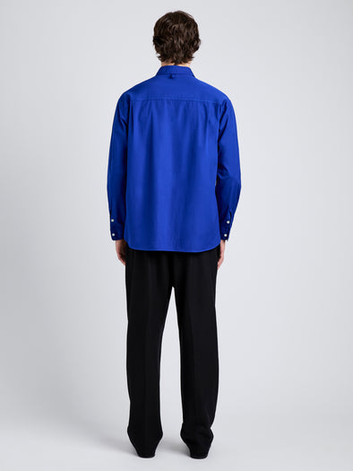 Proenza Schouler Back full length image of model wearing Simon Shirt in Poplin in Cobalt Blue