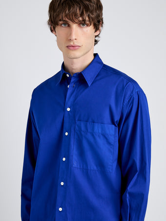 Proenza Schouler Detail image of model wearing Simon Shirt in Poplin in Cobalt Blue