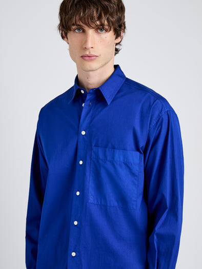 Proenza Schouler Detail image of model wearing Simon Shirt in Poplin in Cobalt Blue