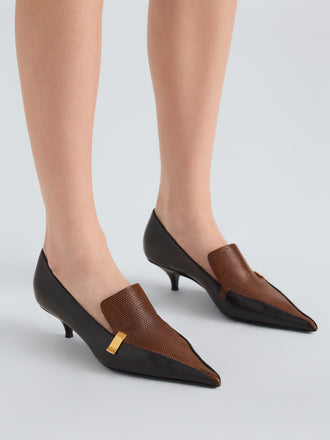 Proenza Schouler On Model Image of Slash Loafer In Embossed Lizard Combo in Black Cuoio Combo