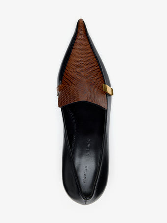 Proenza Schouler Aerial Image of Slash Loafer In Embossed Lizard Combo in Black Cuoio Combo