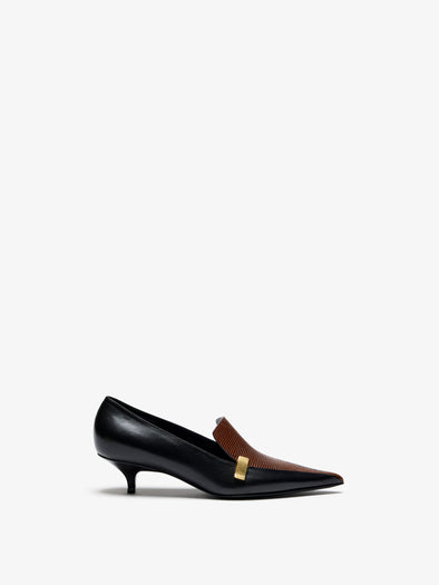 Proenza Schouler Front Still Life Image of Slash Loafer In Embossed Lizard Combo in Black Cuoio Combo