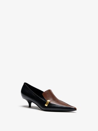Proenza Schouler Side Still Life Image of Slash Loafer In Embossed Lizard Combo in Black Cuoio Combo