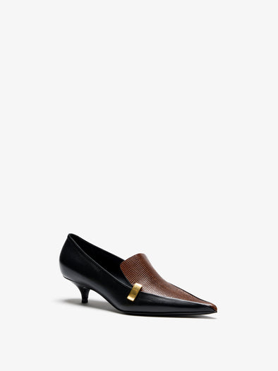 Proenza Schouler Side Still Life Image of Slash Loafer In Embossed Lizard Combo in Black Cuoio Combo
