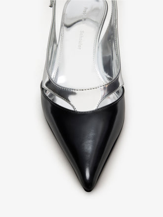 Proenza Schouler Still Life Detail Image of Slash Slingback In Spazzolato and Specchio Combo in Black/Silver