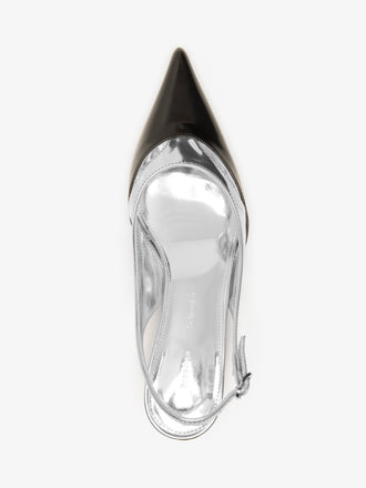 Proenza Schouler Still Life Aerial Image of Slash Slingback In Spazzolato and Specchio Combo in Black/Silver