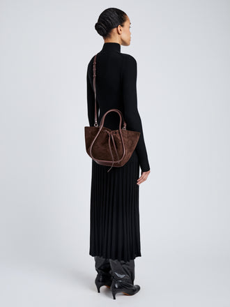 Proenza Schouler Image of model wearing Small Ruched Tote in Soft Suede in Chocolate