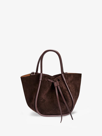 Proenza Schouler Front image of Small Ruched Tote in Soft Suede in Chocolate