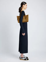 Image of model wearing Small Tate Bag in Nubuck Calf in Tobacco