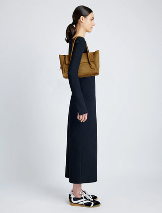 Image of model wearing Small Tate Bag in Nubuck Calf in Tobacco