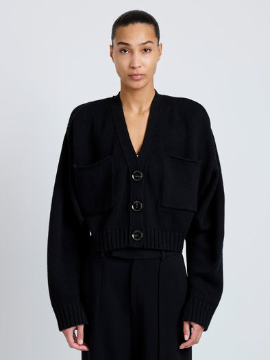 Proenza Schouler Cropped front image of model wearing Sofia Cardigan in Eco Cashmere in black