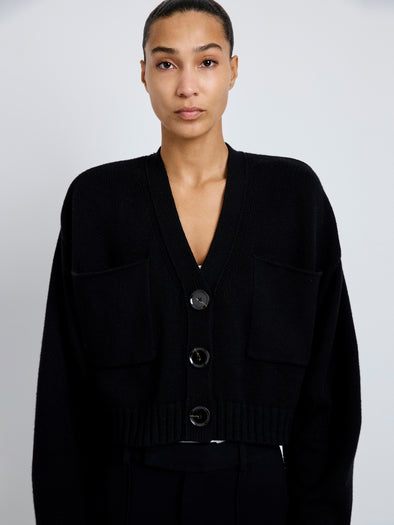 Proenza Schouler Detail image of model wearing Sofia Cardigan in Eco Cashmere in black