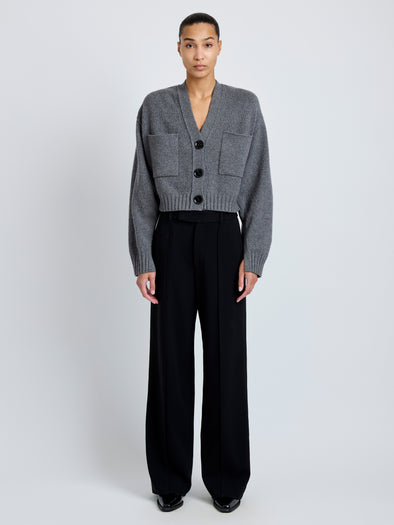 Front image of model wearing Eco Cashmere Cardigan in GREY MELANGE