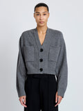 Cropped front image of model wearing Eco Cashmere Cardigan in GREY MELANGE