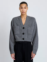 Cropped front image of model wearing Eco Cashmere Cardigan in GREY MELANGE