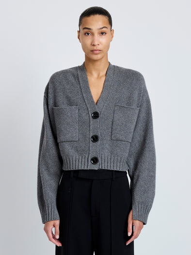 Cropped front image of model wearing Eco Cashmere Cardigan in GREY MELANGE