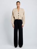 Front full length image of model wearing Sofia Cardigan In Eco Cashmere in Oatmeal