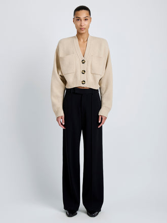 Front full length image of model wearing Sofia Cardigan In Eco Cashmere in Oatmeal