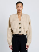 Front cropped image of model wearing Sofia Cardigan In Eco Cashmere in Oatmeal