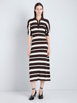 Proenza Schouler Front full length image of model wearing Solana Dress in Superfine Merino Silk in Brown Multi
