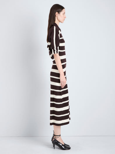 Proenza Schouler Side full length image of model wearing Solana Dress in Superfine Merino Silk in Brown Multi