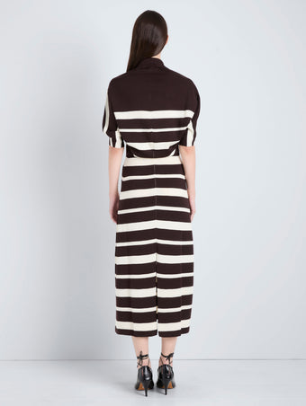 Proenza Schouler Back full length image of model wearing Solana Dress in Superfine Merino Silk in Brown Multi