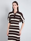 Proenza Schouler Cropped detail image of model wearing Solana Dress in Superfine Merino Silk in Brown Multi