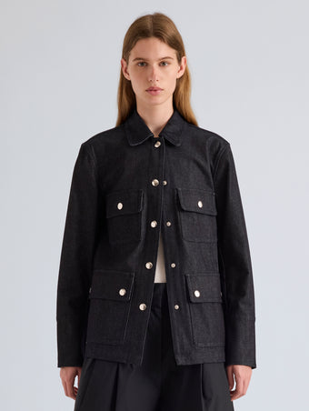 Proenza Schouler Front Cropped on Model Image of Stella Jacket in Stretch Twill in Indigo