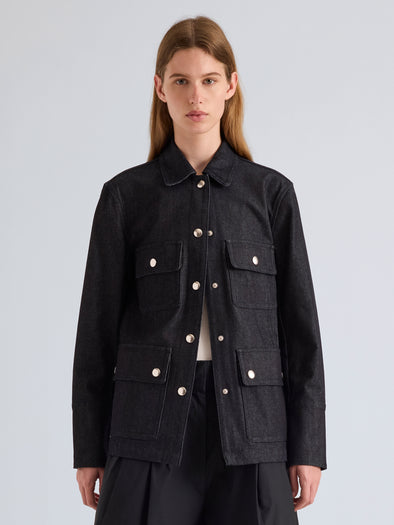 Proenza Schouler Front Cropped on Model Image of Stella Jacket in Stretch Twill in Indigo