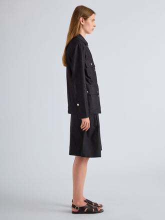 Proenza Schouler Side Full Length on Model Image of Stella Jacket in Stretch Twill in Indigo