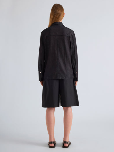 Proenza Schouler Back Full Length on Model Image of Stella Jacket in Stretch Twill in Indigo