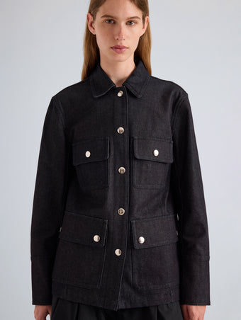 Proenza Schouler Front Detail on Model Image of Stella Jacket in Stretch Twill in Indigo