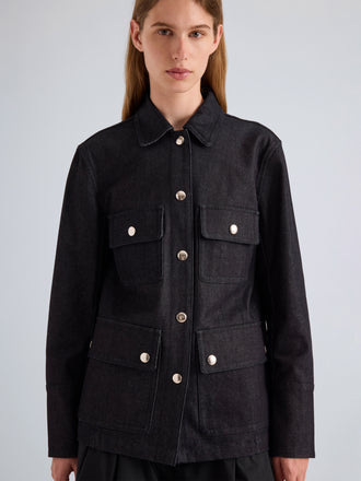 Proenza Schouler Front Detail on Model Image of Stella Jacket in Stretch Twill in Indigo