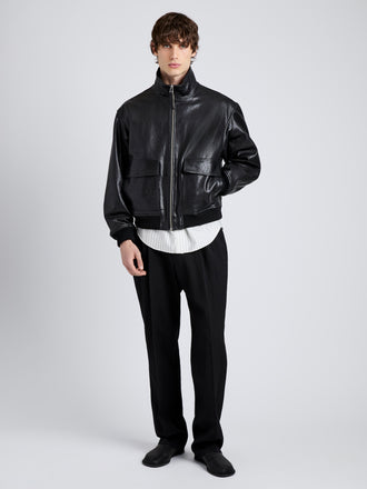 Proenza Schouler Front full length image of model wearing Sterling Bomber in Leather in Black