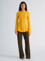 Proenza Schouler Front full length image of model wearing Sukki Jacket in Draped Viscose in Marigold