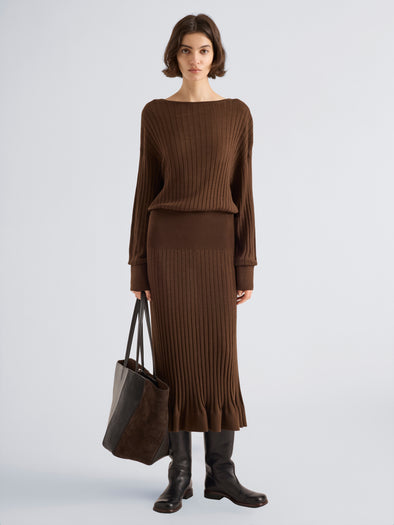 Proenza Schouler Front full length image of model wearing Talia Dress in Lightweight Merino in Chocolate