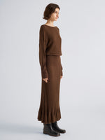 Proenza Schouler Side full length image of model wearing Talia Dress in Lightweight Merino in Chocolate