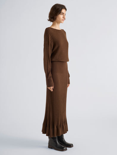 Proenza Schouler Side full length image of model wearing Talia Dress in Lightweight Merino in Chocolate