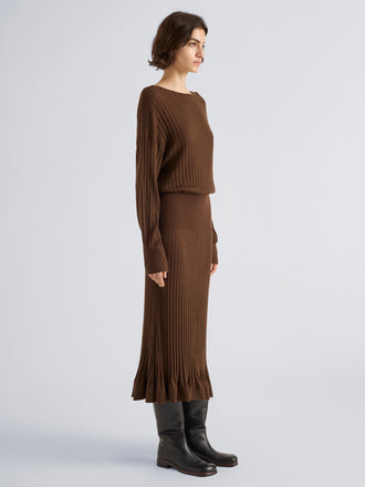 Proenza Schouler Side full length image of model wearing Talia Dress in Lightweight Merino in Chocolate